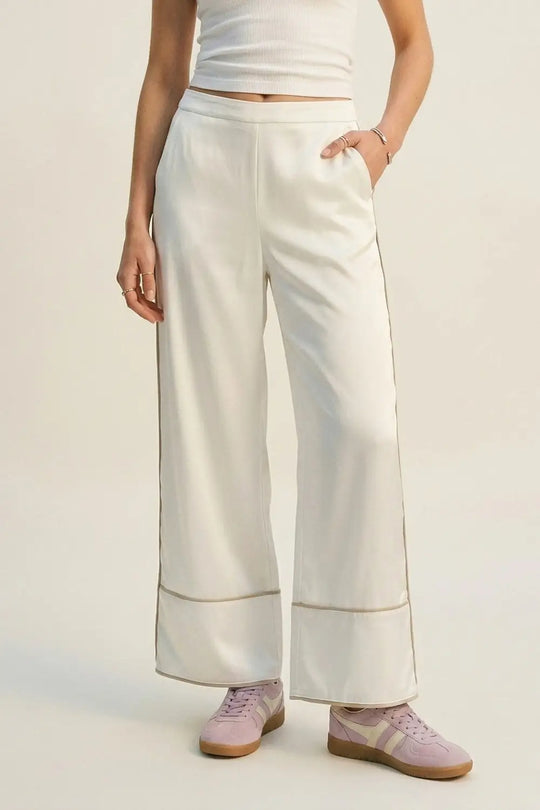 Ivory Satin Wide-Leg Kimono Trousers - Pants