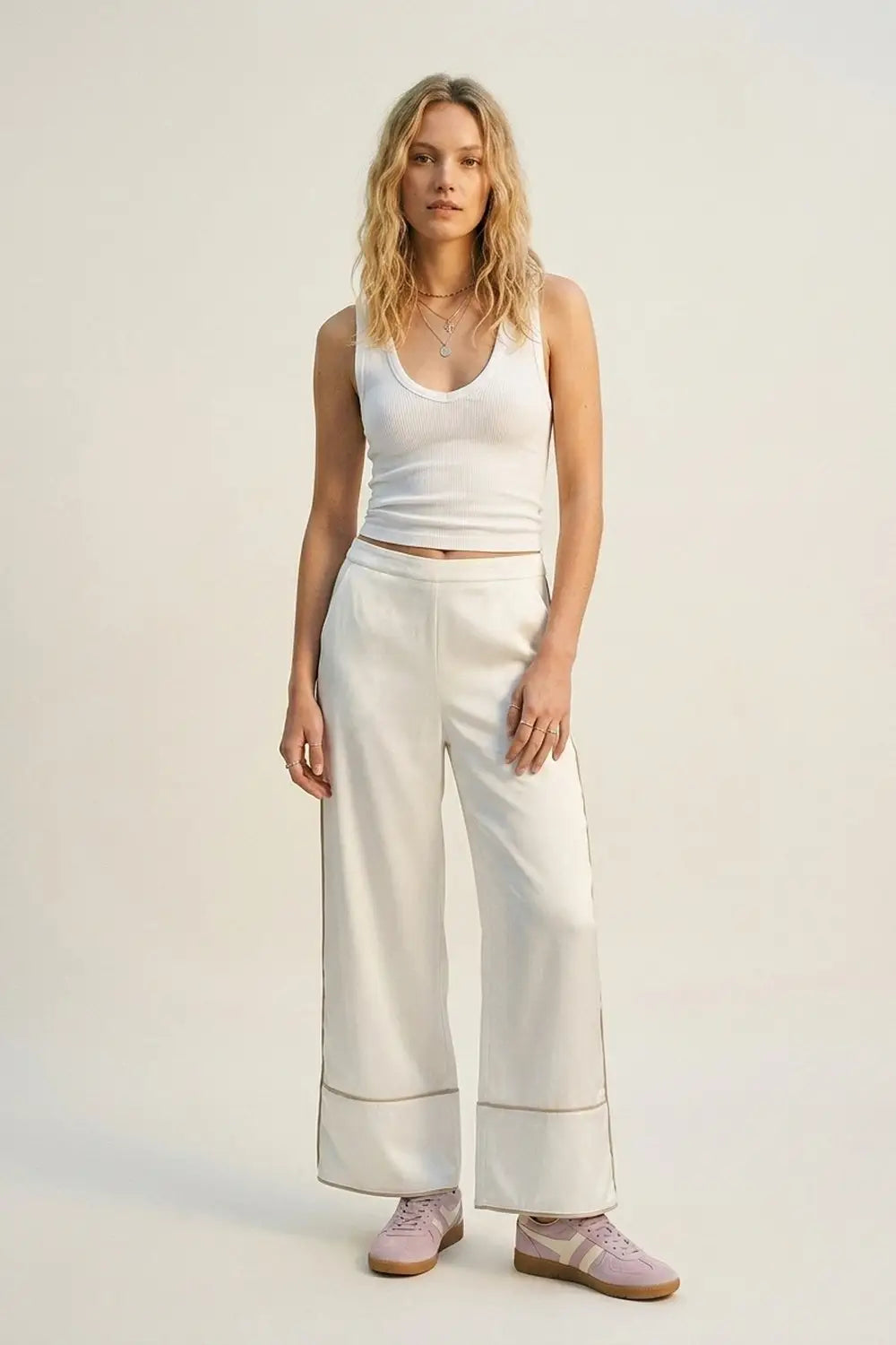 Ivory Satin Wide-Leg Kimono Trousers - Pants