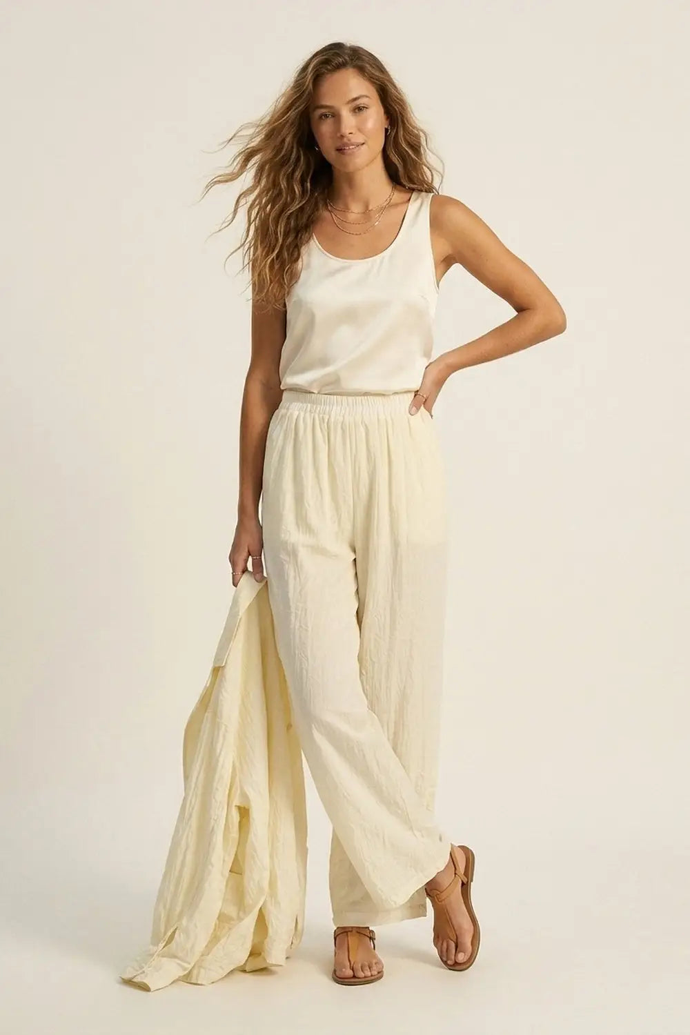 Cream Wide-Leg Pants with sheer fabric - Pants