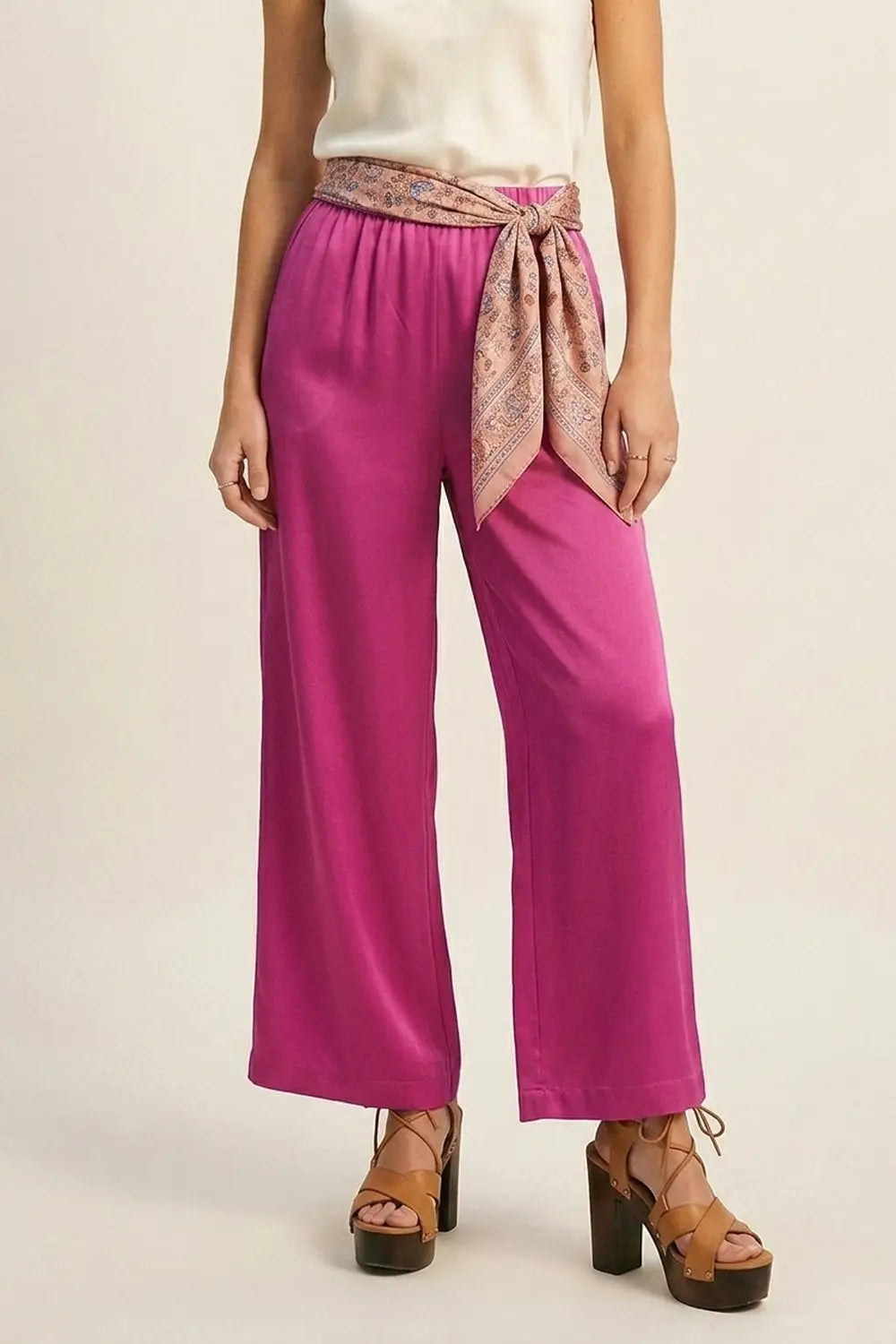 Fuchsia Lightweight Satin Wide Leg Elastic Waist Pants - Pants