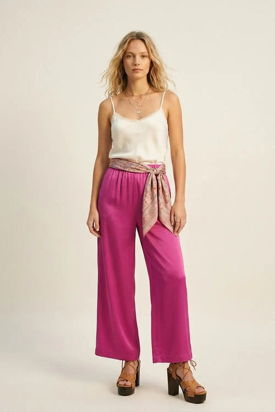 Fuchsia Lightweight Satin Wide Leg Elastic Waist Pants - Pants