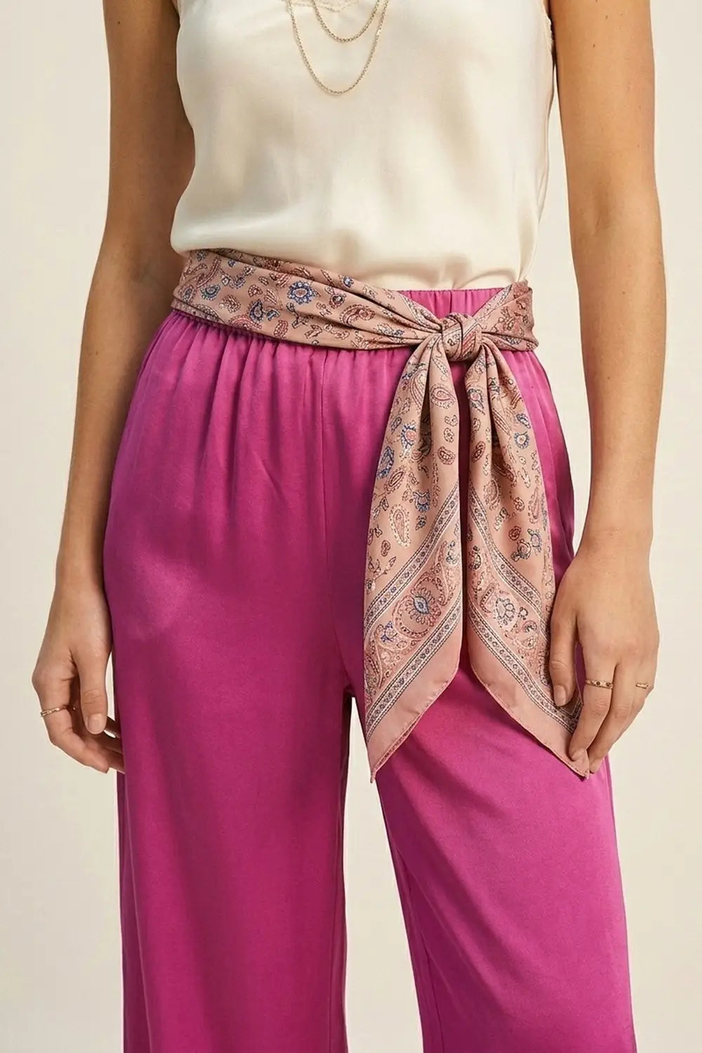 Fuchsia Lightweight Satin Wide Leg Elastic Waist Pants - Pants