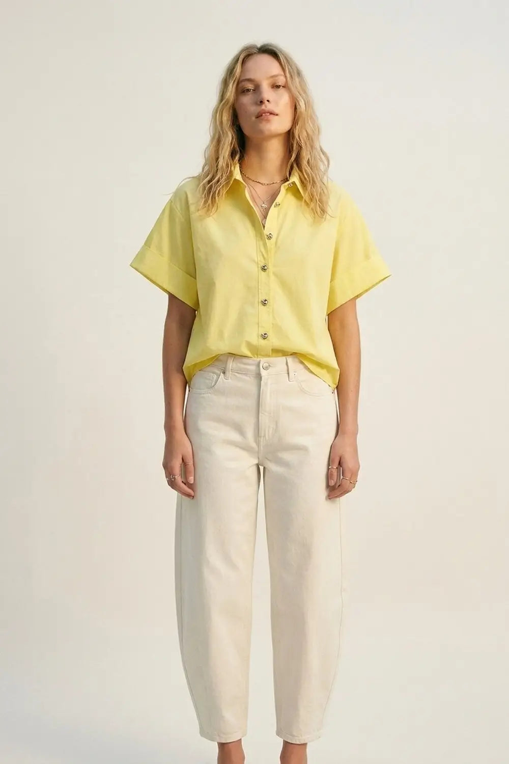 Yellow Short-Sleeve Kimono Shirt with silver buttons - YELLOW / ONE - Shirts