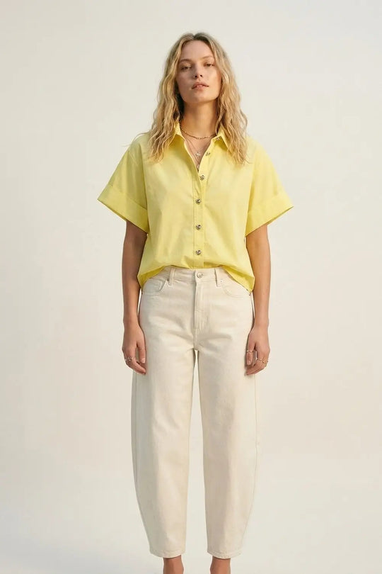 Yellow Short-Sleeve Kimono Shirt with silver buttons - YELLOW / ONE - Shirts