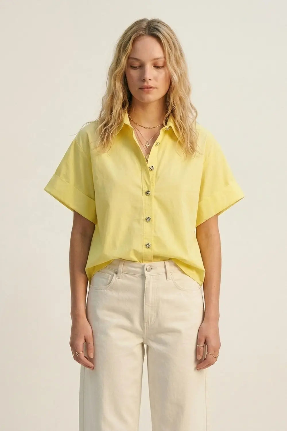 Yellow Short-Sleeve Kimono Shirt with silver buttons - YELLOW / ONE - Shirts