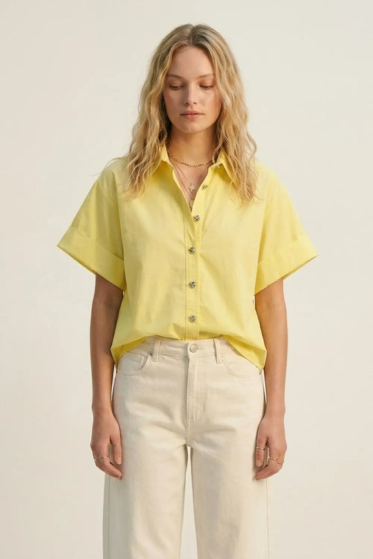 Yellow Short-Sleeve Kimono Shirt with silver buttons - YELLOW / ONE - Shirts