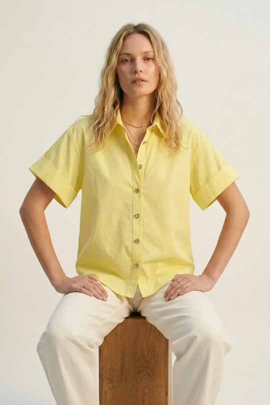 Yellow Short-Sleeve Kimono Shirt with silver buttons - YELLOW / ONE - Shirts