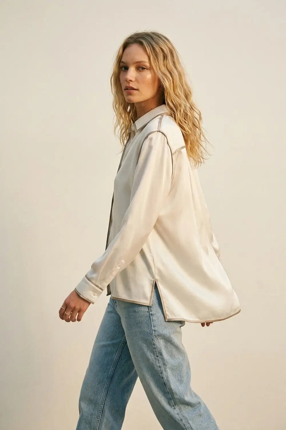 Cream Satin Button-Down Shirt with Contrast Trim - Shirts