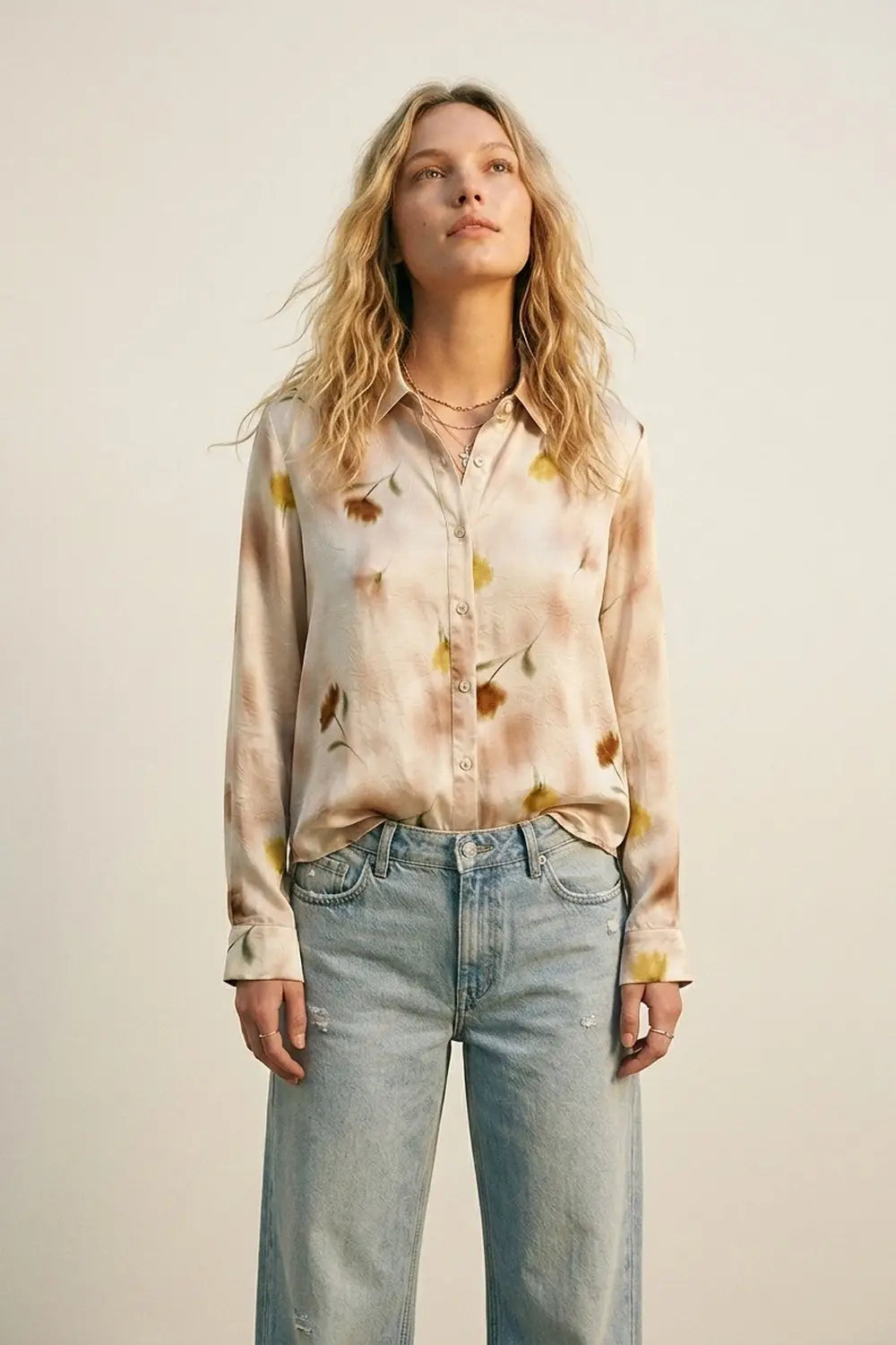 Beige Floral Satin Button-Down Shirt - Shirts