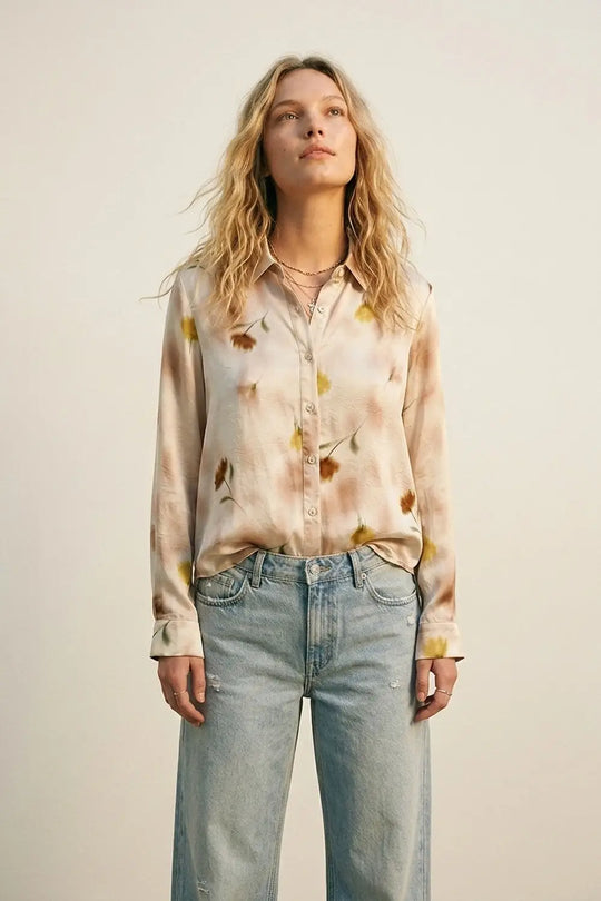 Beige Floral Satin Button-Down Shirt - Shirts