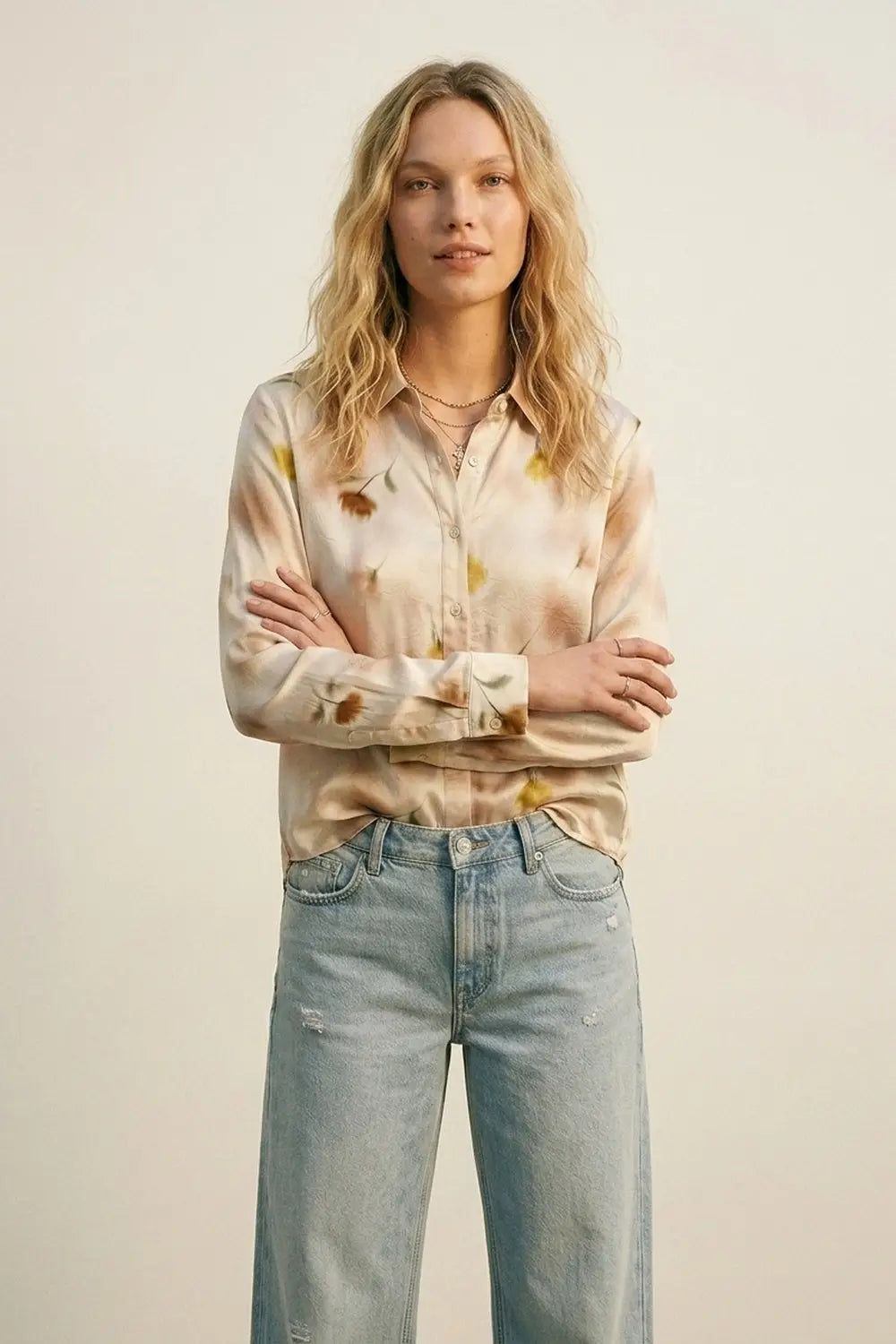 Beige Floral Satin Button-Down Shirt - Shirts