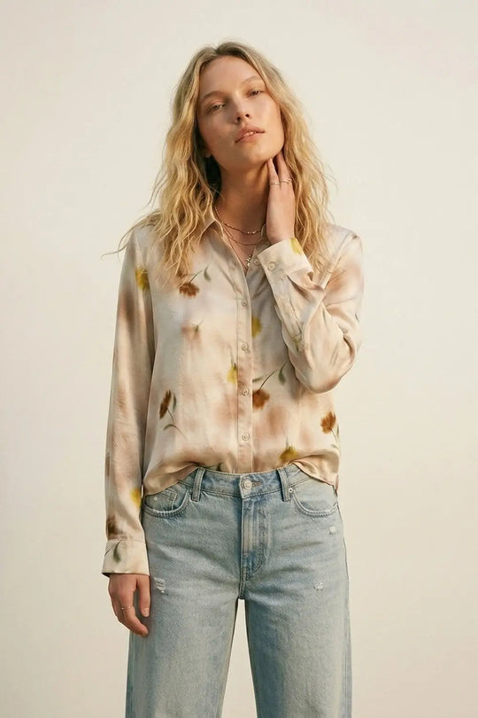 Beige Floral Satin Button-Down Shirt - Shirts