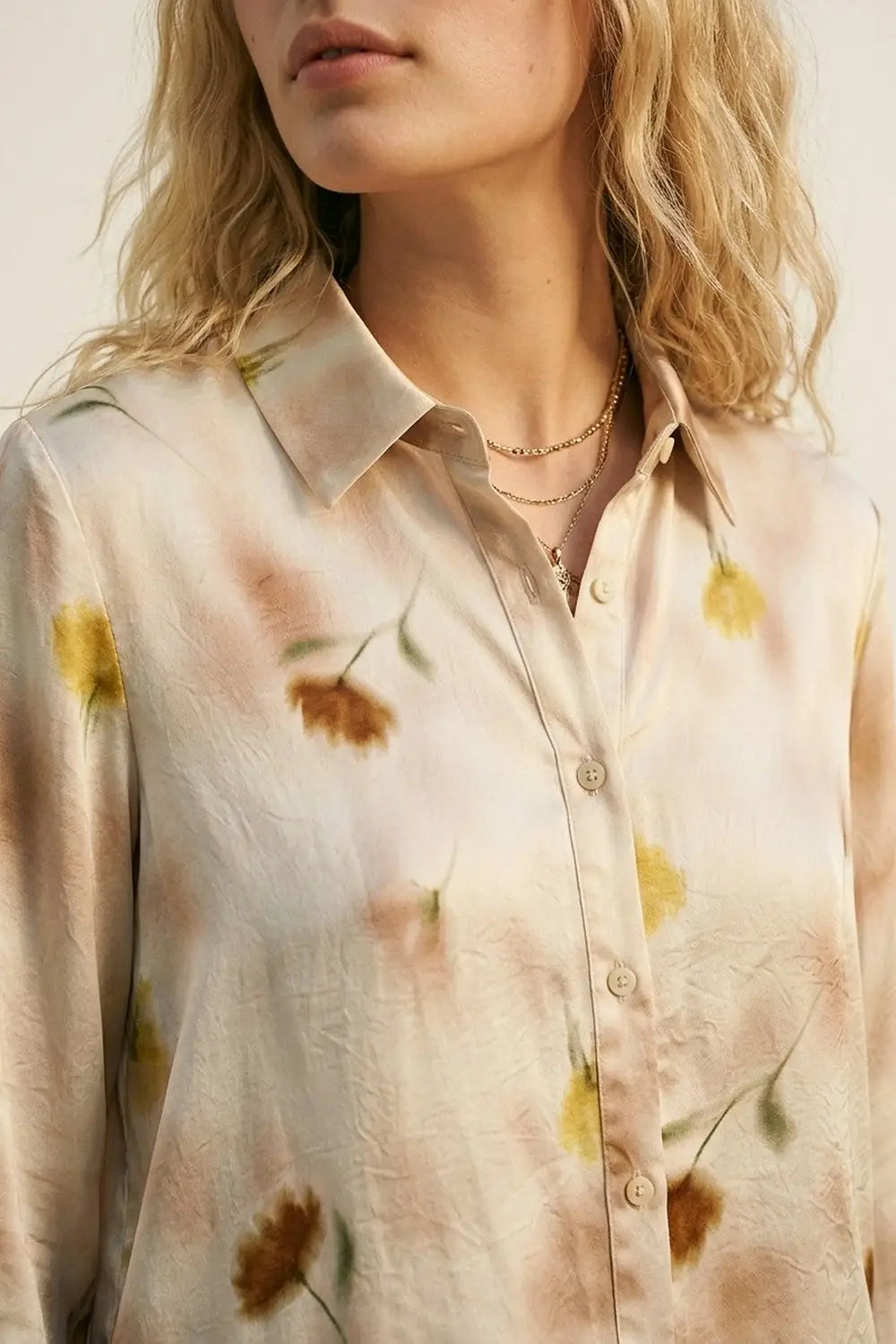 Beige Floral Satin Button-Down Shirt - Shirts