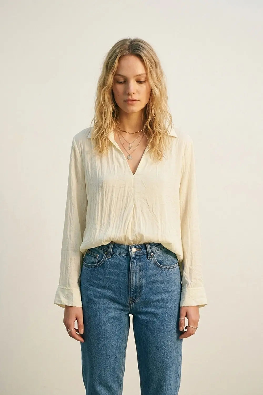 Cream Relaxed Fit Tunic Shirt with sheer fabric - Shirts