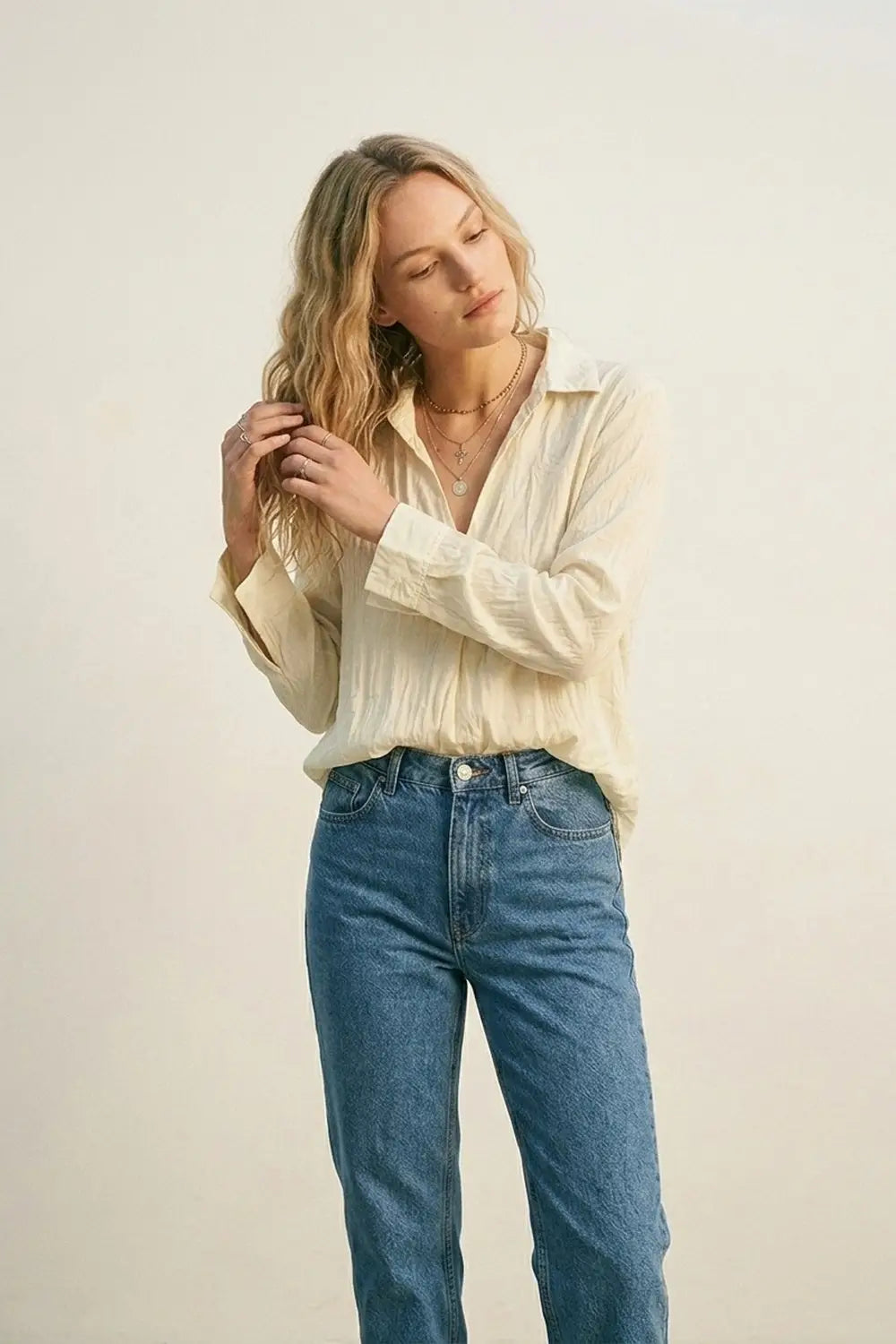 Cream Relaxed Fit Tunic Shirt with sheer fabric - Shirts