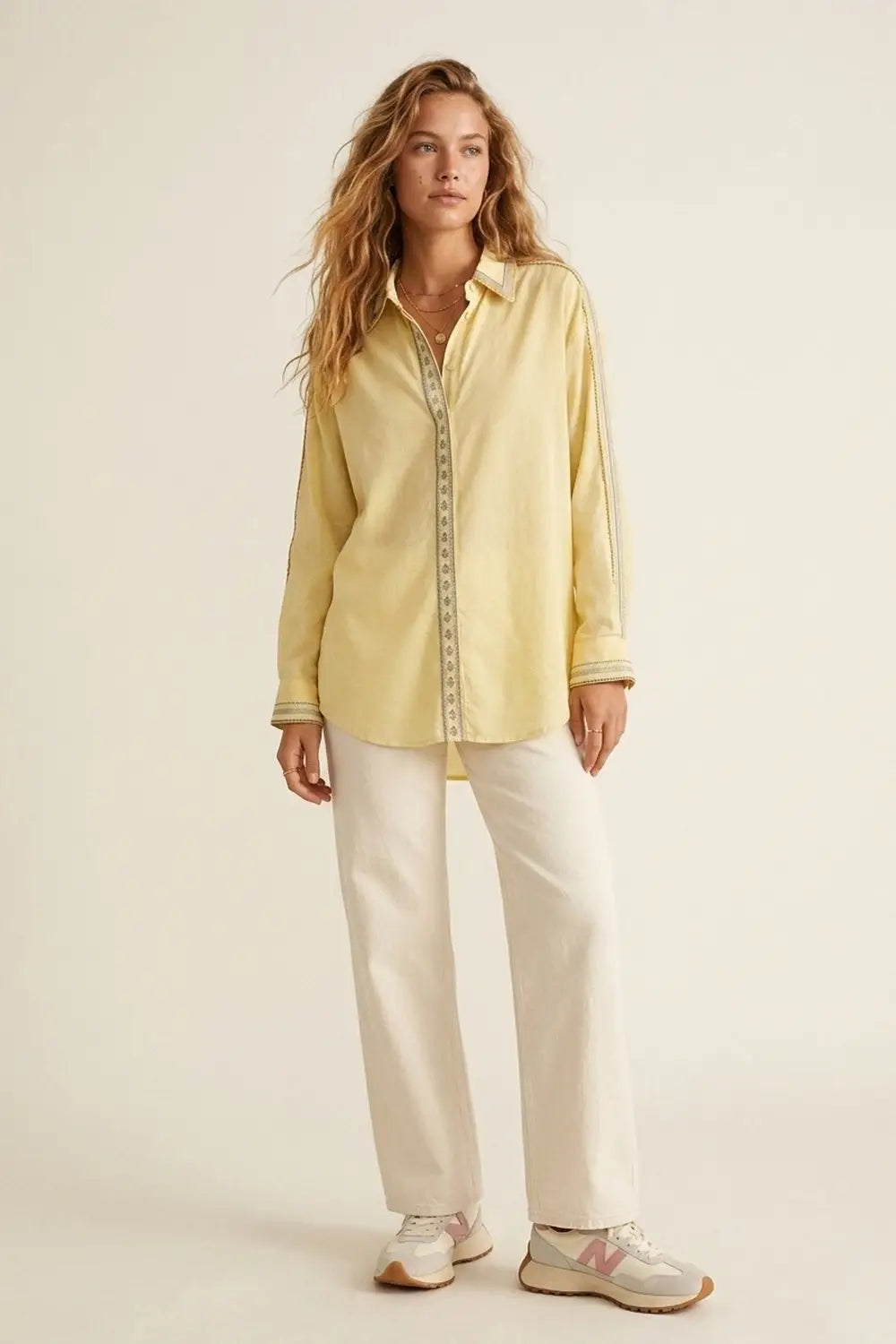 Yellow Oversize Shirt with Embroidered Trim Details - Shirts