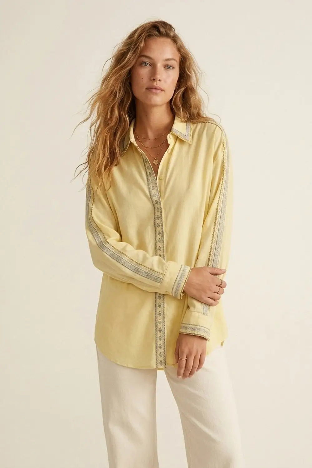 Yellow Oversize Shirt with Embroidered Trim Details - Shirts