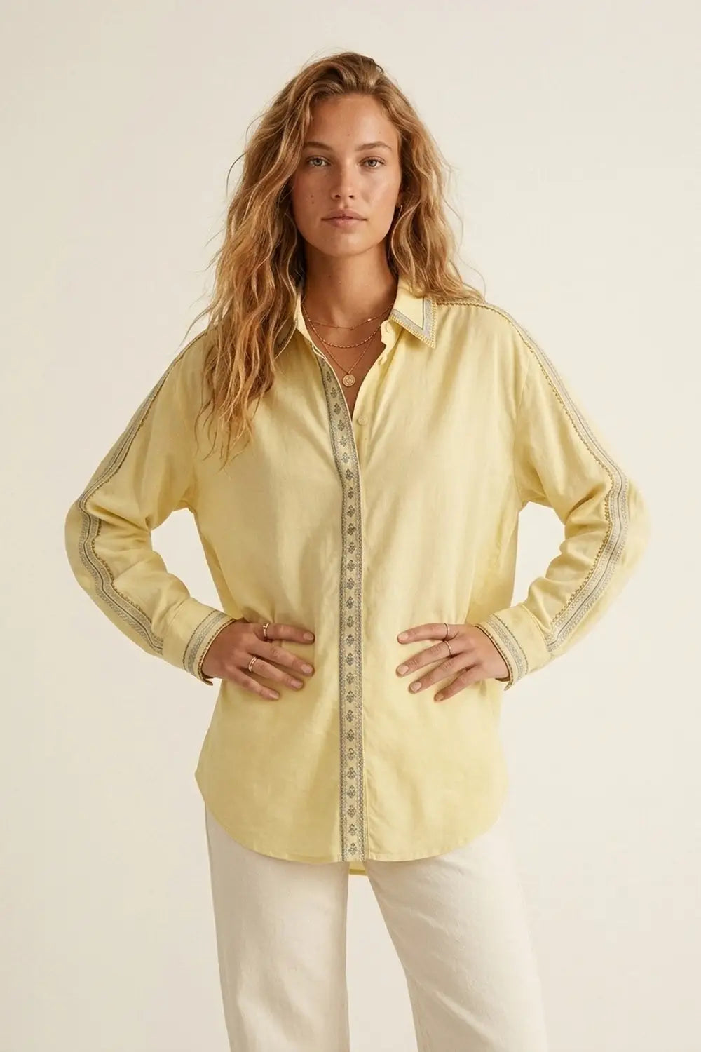 Yellow Oversize Shirt with Embroidered Trim Details - Shirts
