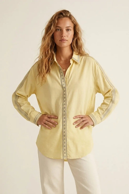 Yellow Oversize Shirt with Embroidered Trim Details - Shirts