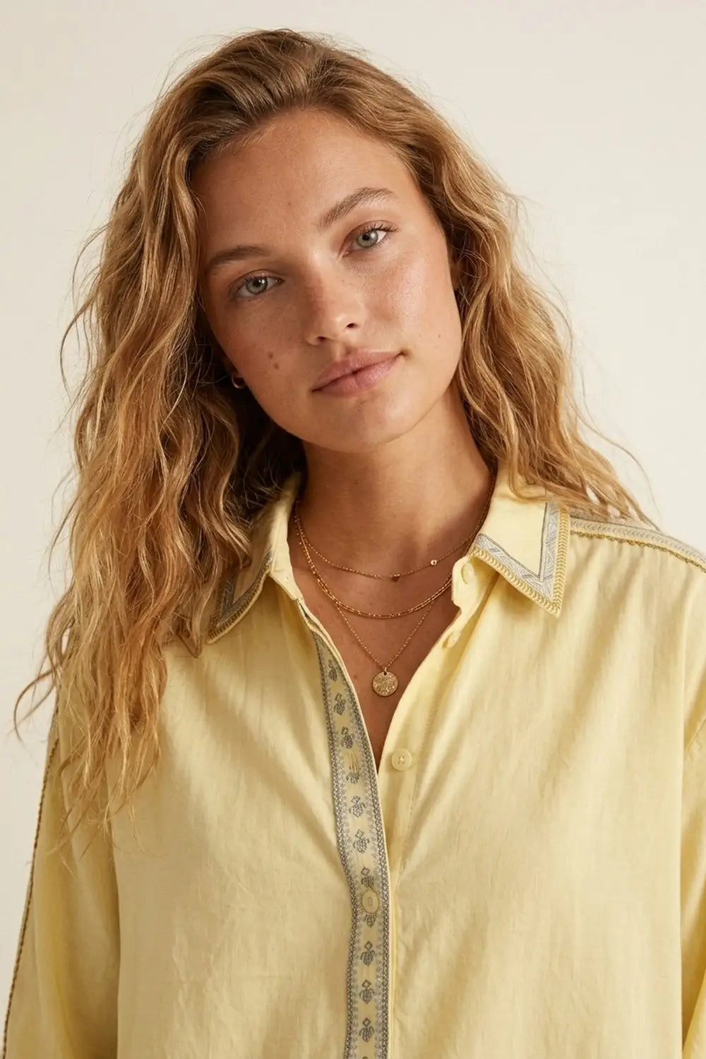 Yellow Oversize Shirt with Embroidered Trim Details - Shirts