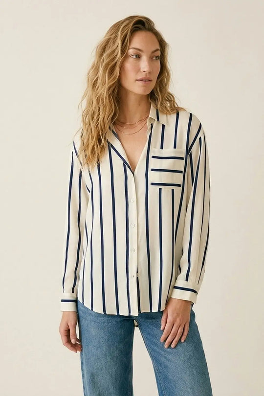 Cream Stripe Relaxed Fit Shirt in satin fabric with pocket - Shirts