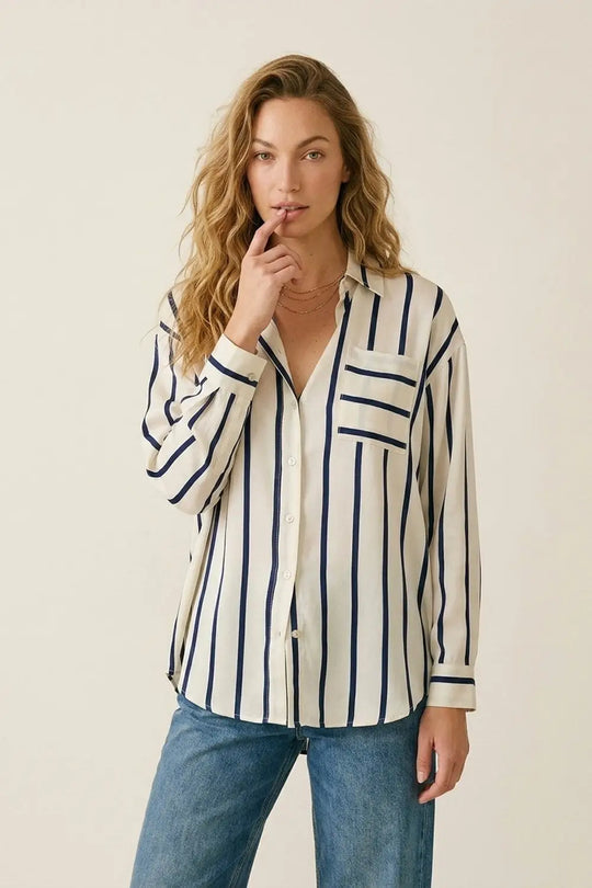 Cream Stripe Relaxed Fit Shirt in satin fabric with pocket - Shirts