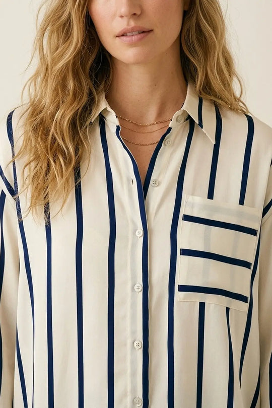Cream Stripe Relaxed Fit Shirt in satin fabric with pocket - Shirts