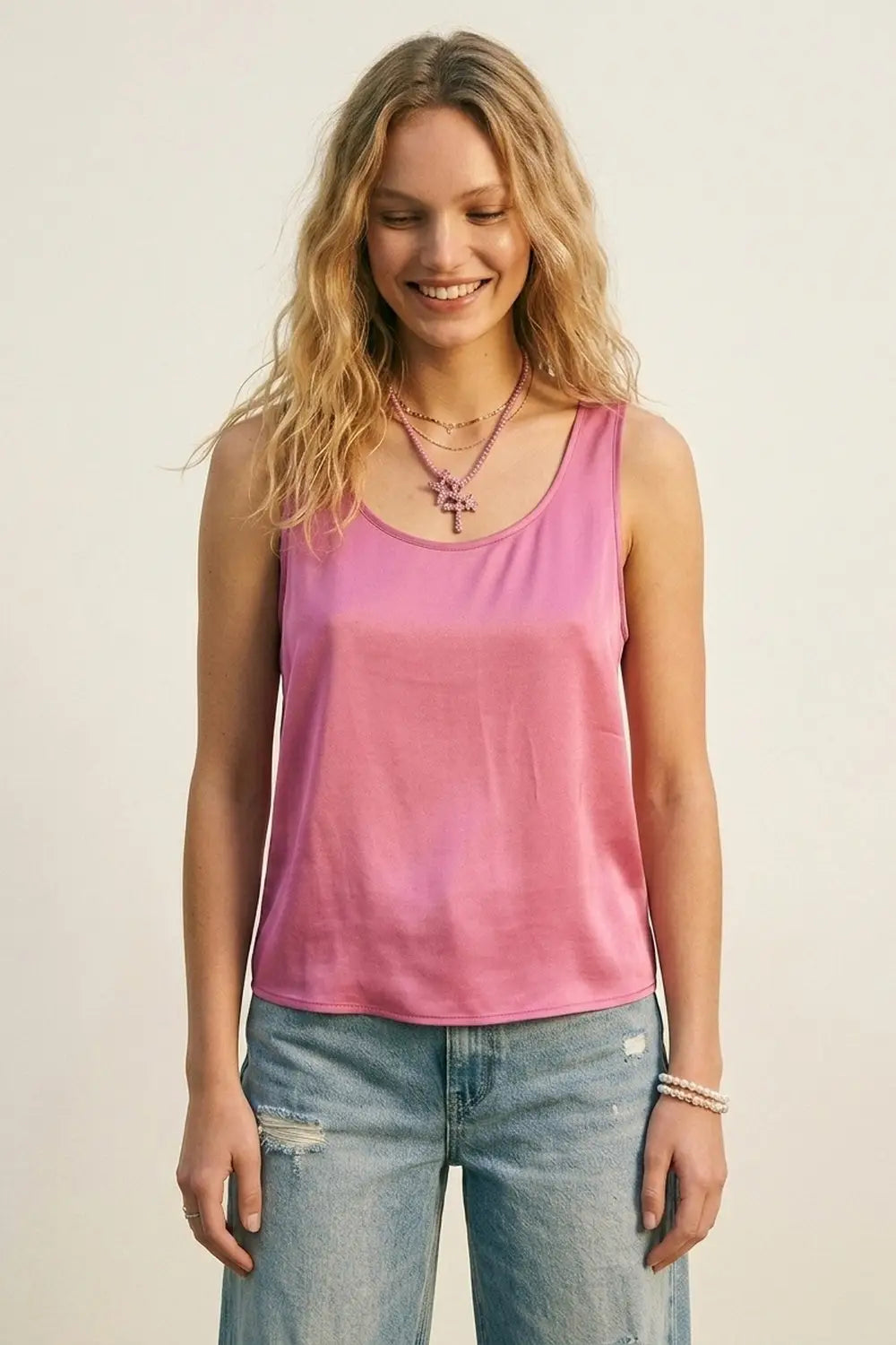 Fuchsia Satin Regular Fit Scoop Neck Sleeveless Tank Top - Tops