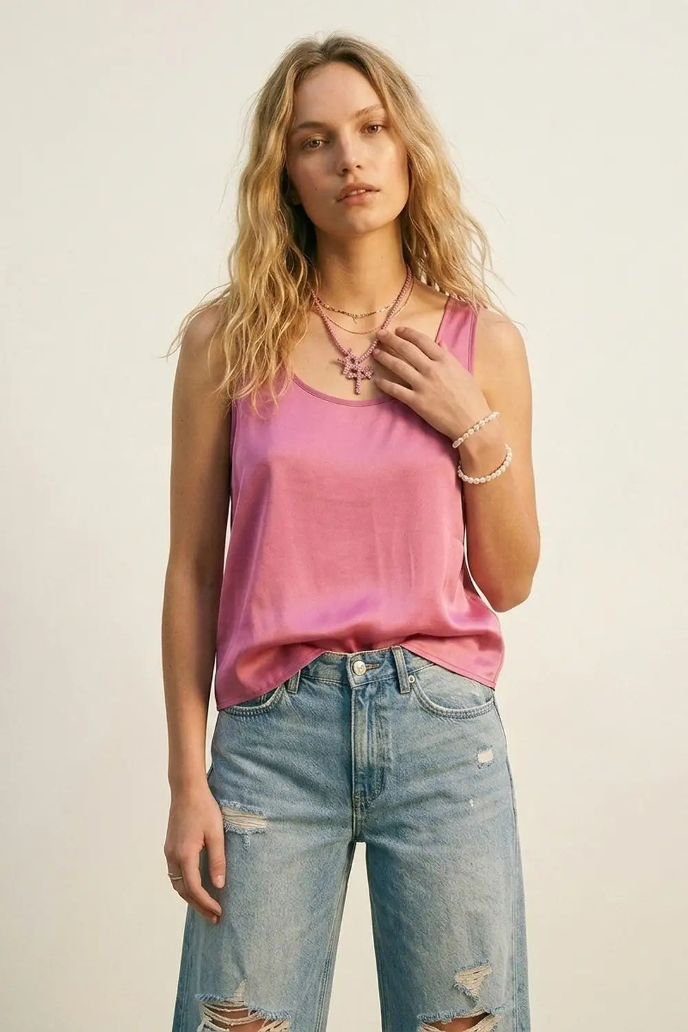 Fuchsia Satin Regular Fit Scoop Neck Sleeveless Tank Top - Tops
