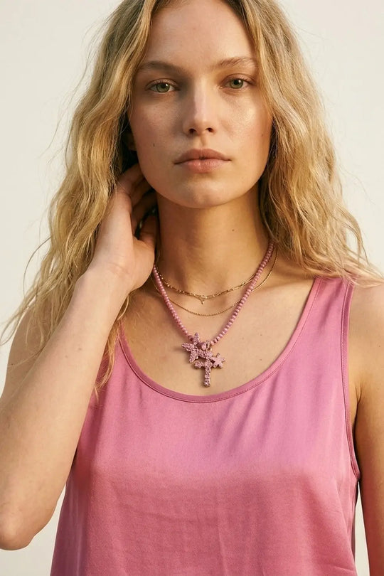 Fuchsia Satin Regular Fit Scoop Neck Sleeveless Tank Top - Tops