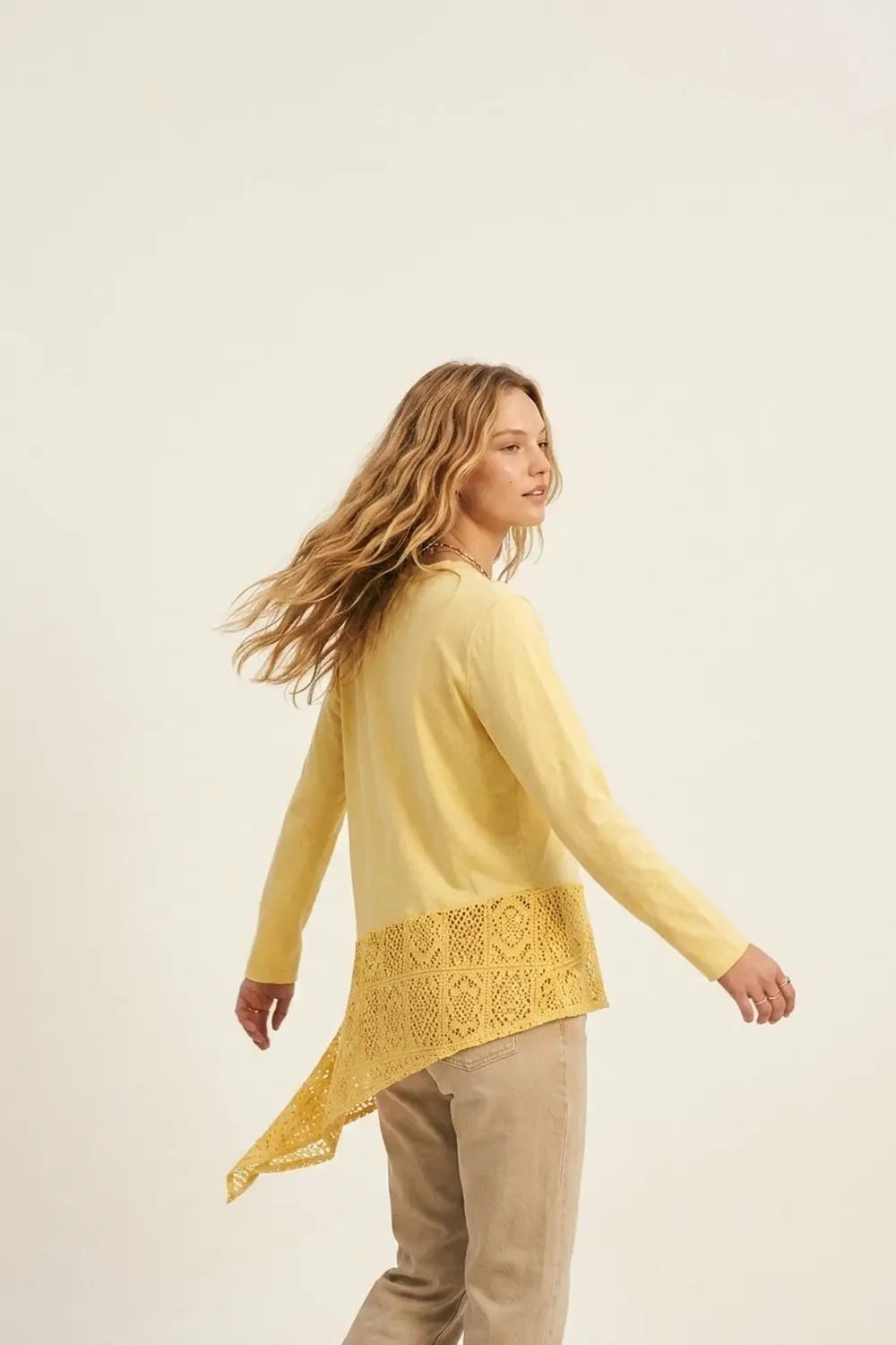 top with crochet Insert and Asymmetrical Hem in Yellow - T-Shirts
