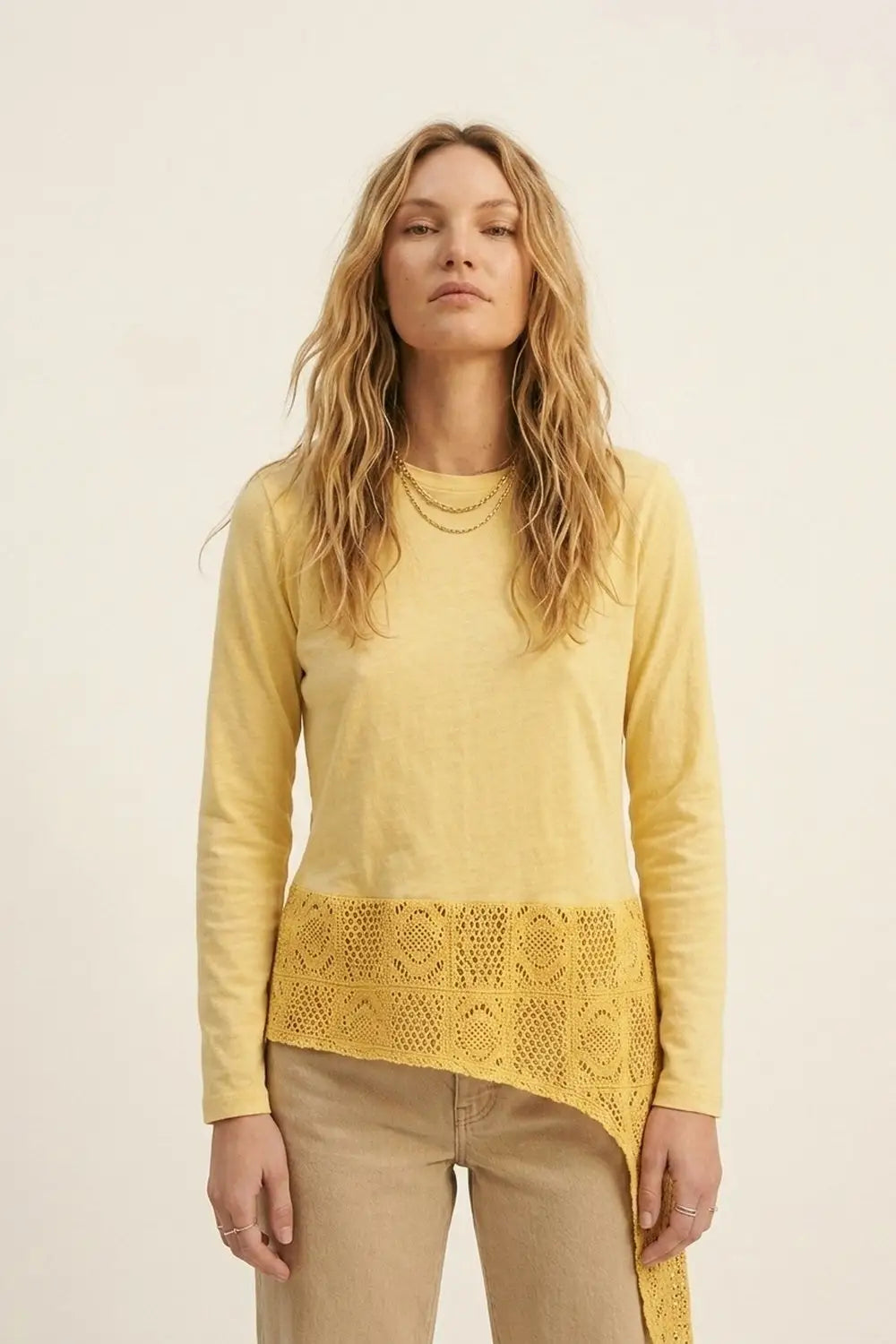 top with crochet Insert and Asymmetrical Hem in Yellow - T-Shirts