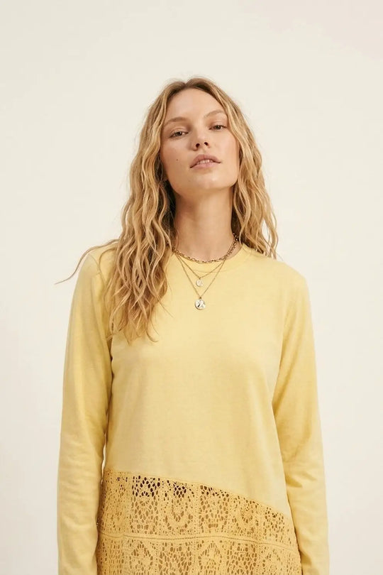 top with crochet Insert and Asymmetrical Hem in Yellow - T-Shirts