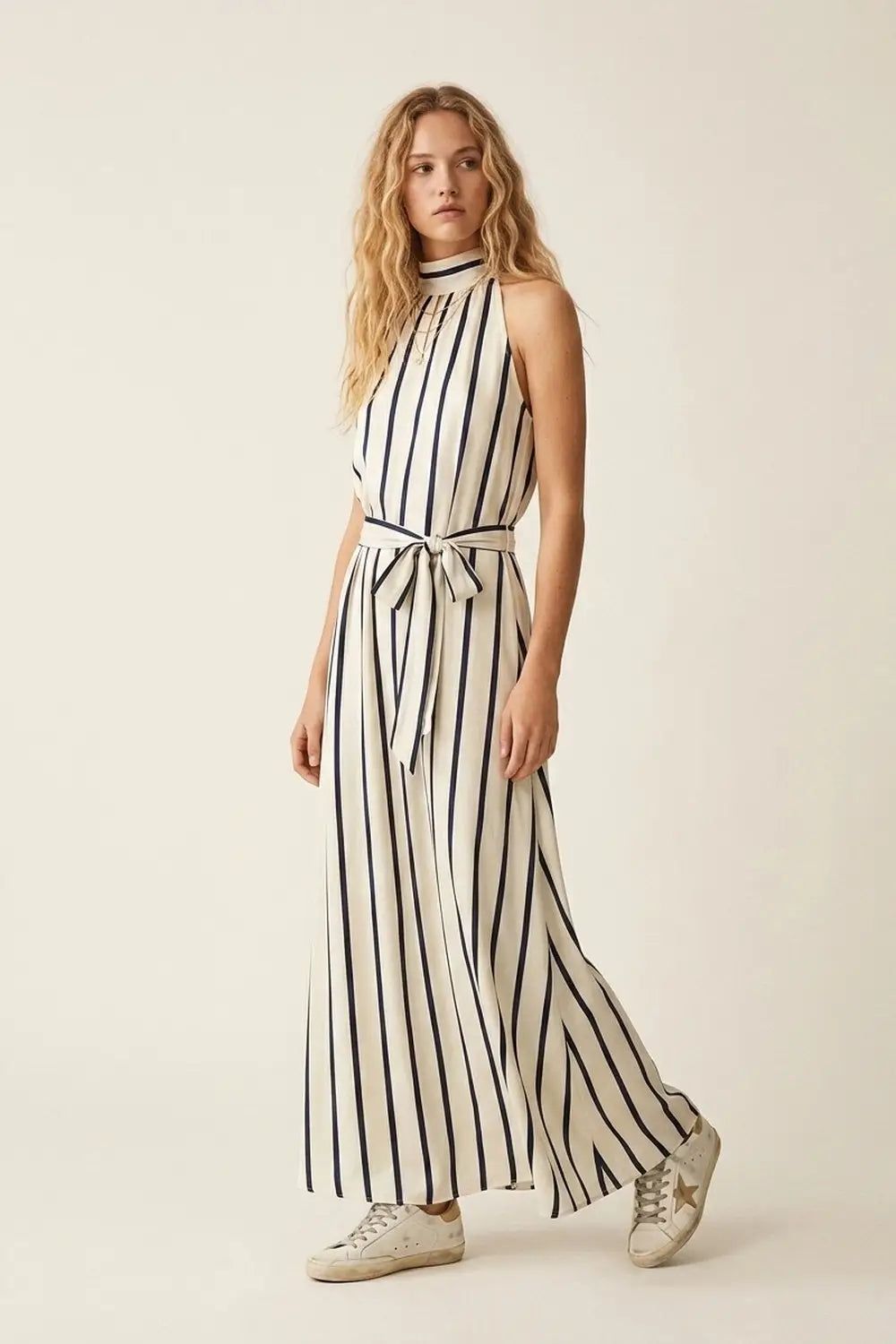 Striped maxi satin Halter dress with Tie Waist - Dresses