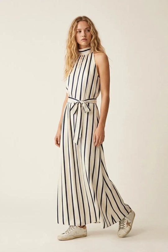 Striped maxi satin Halter dress with Tie Waist - Dresses