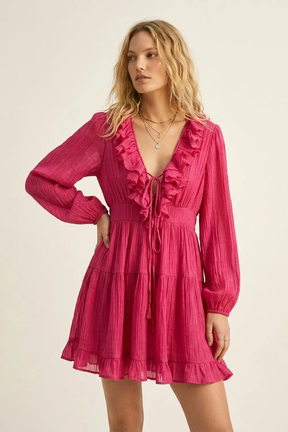 Fuschia Crinkle Chiffon Ruffle V-Neck Tie Waist Mini Dress - Dresses