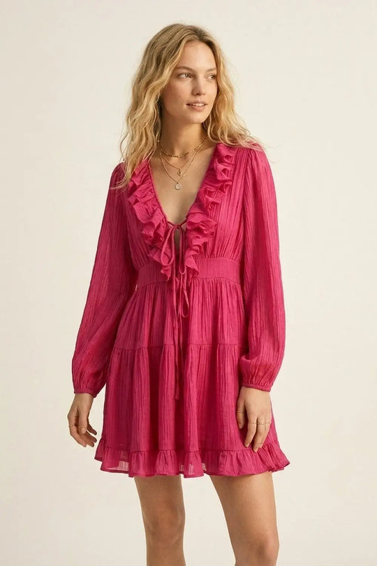 Fuschia Crinkle Chiffon Ruffle V-Neck Tie Waist Mini Dress - Dresses