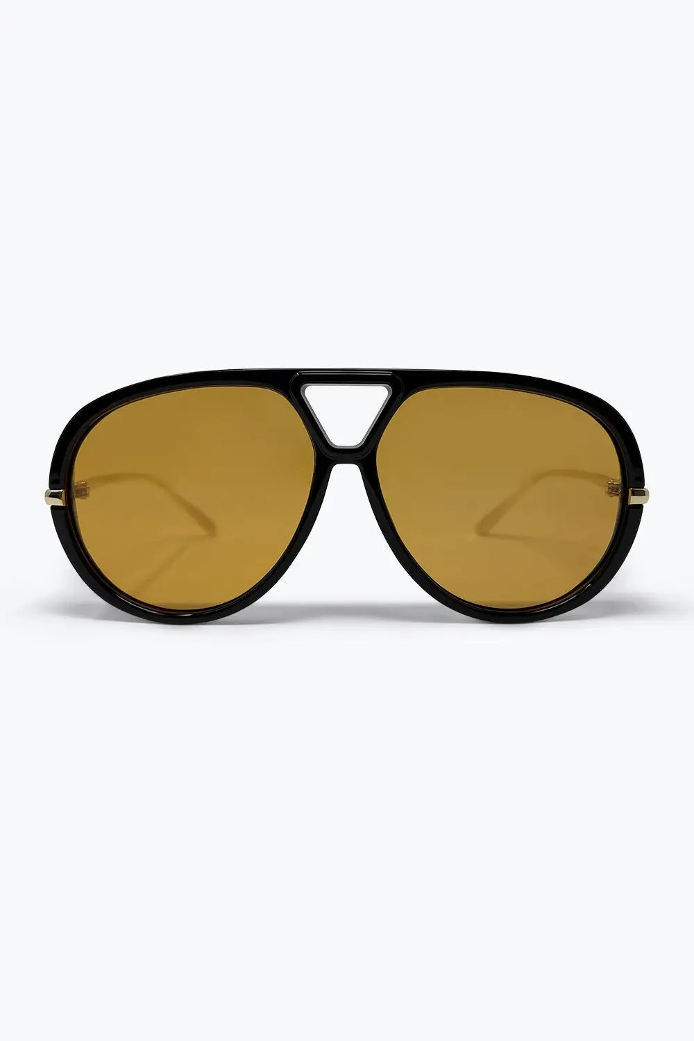 Black Oversize Aviator Frame Gold Trim Amber Lens Sunglasses - ORANGE / ONE - Sunglasses