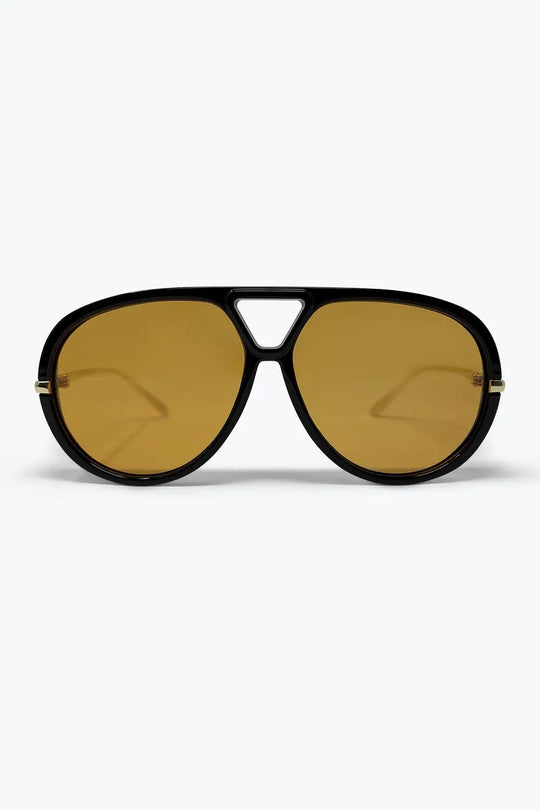Black Oversize Aviator Frame Gold Trim Amber Lens Sunglasses - ORANGE / ONE - Sunglasses