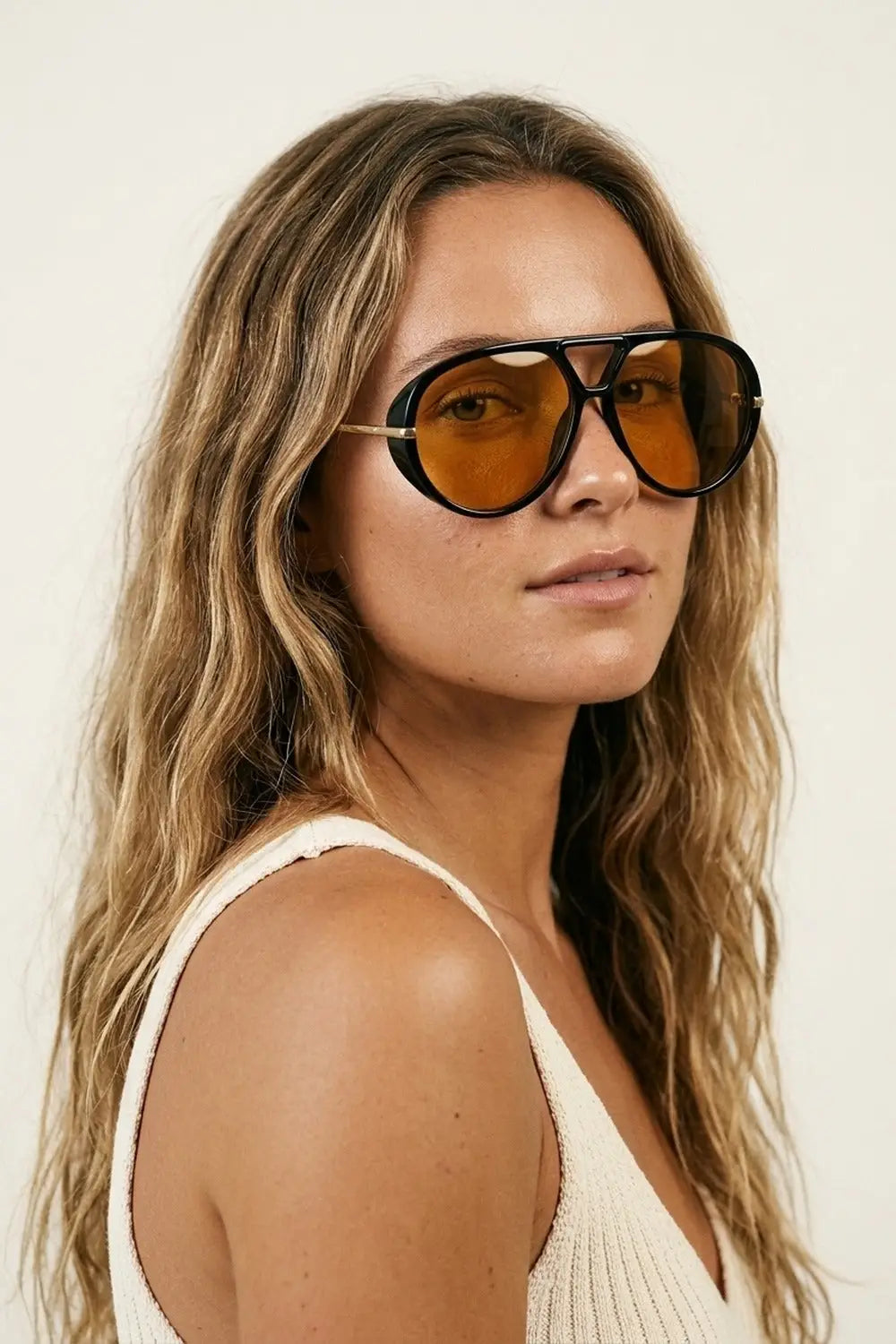 Black Oversize Aviator Frame Gold Trim Amber Lens Sunglasses - ORANGE / ONE - Sunglasses