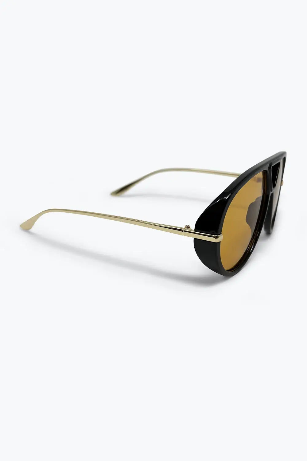 Black Oversize Aviator Frame Gold Trim Amber Lens Sunglasses - ORANGE / ONE - Sunglasses