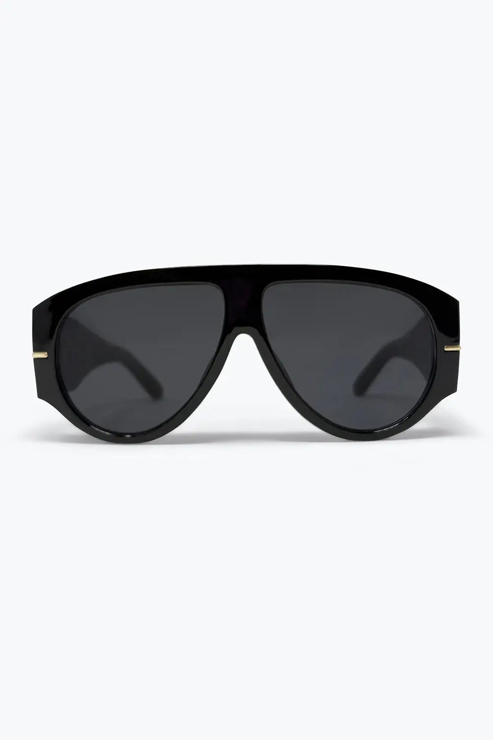 Black Oversize Shield Frame Gold Trim Aviator Sunglasses - BLACK / ONE - Sunglasses