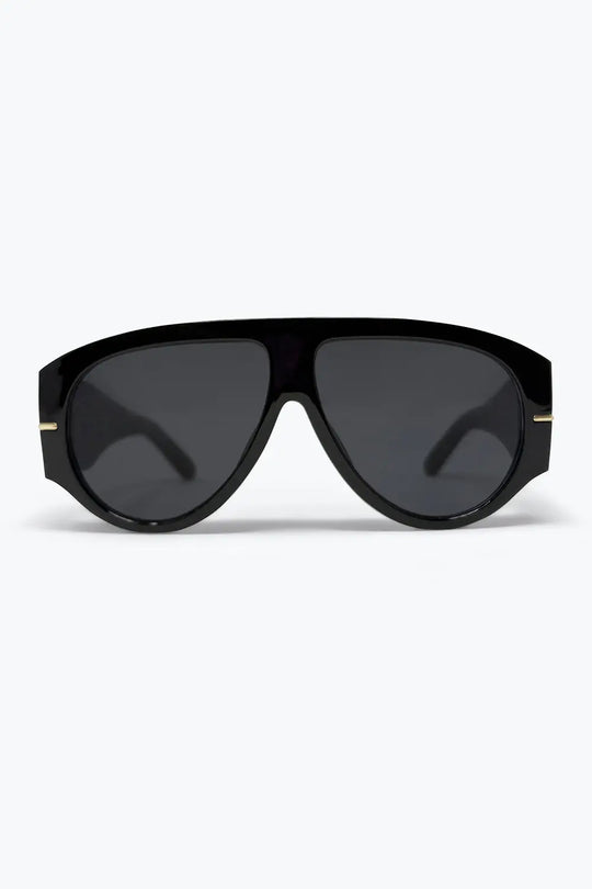 Black Oversize Shield Frame Gold Trim Aviator Sunglasses - BLACK / ONE - Sunglasses