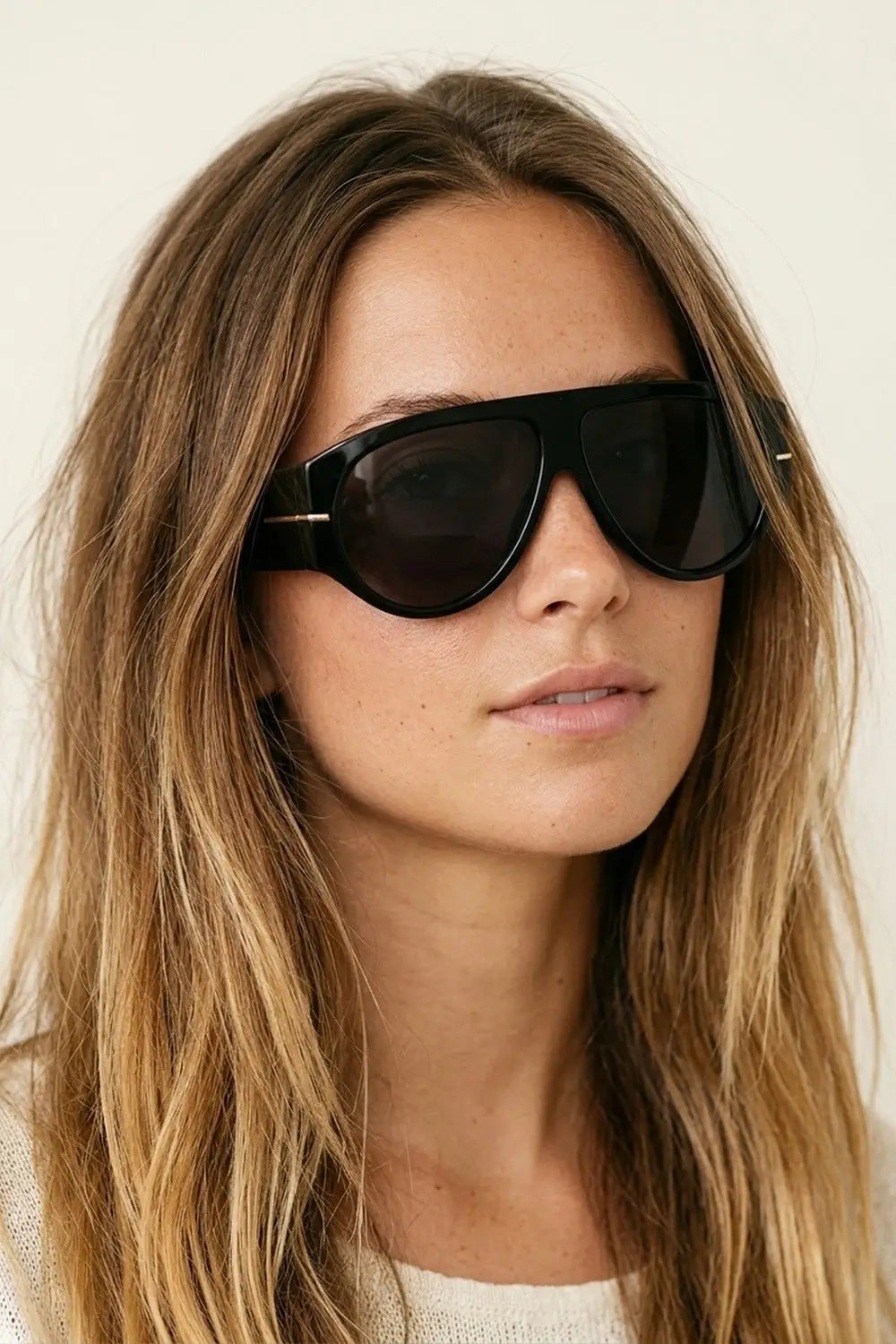 Black Oversize Shield Frame Gold Trim Aviator Sunglasses - BLACK / ONE - Sunglasses