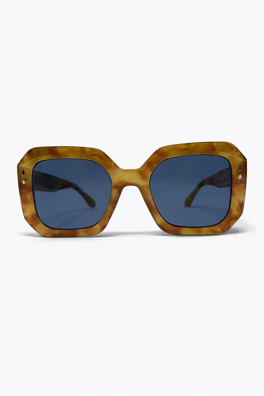 Brown Tortoiseshell Square Frame Oversize Blue Lens Sunglasses - BEIGE / ONE - Sunglasses