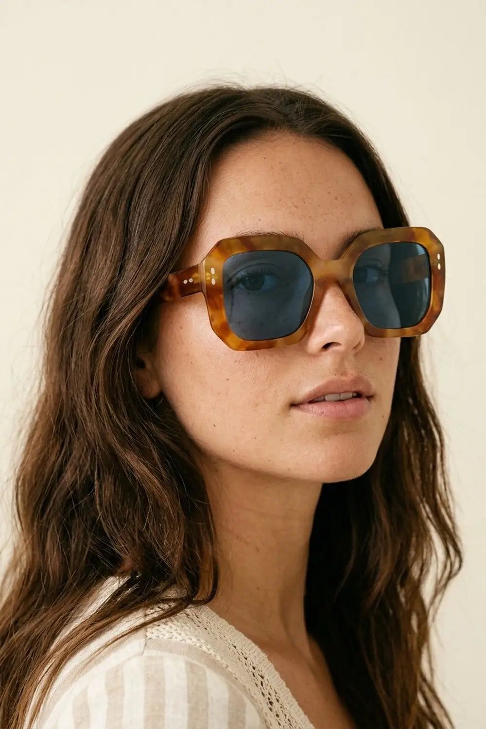 Brown Tortoiseshell Square Frame Oversize Blue Lens Sunglasses - BEIGE / ONE - Sunglasses