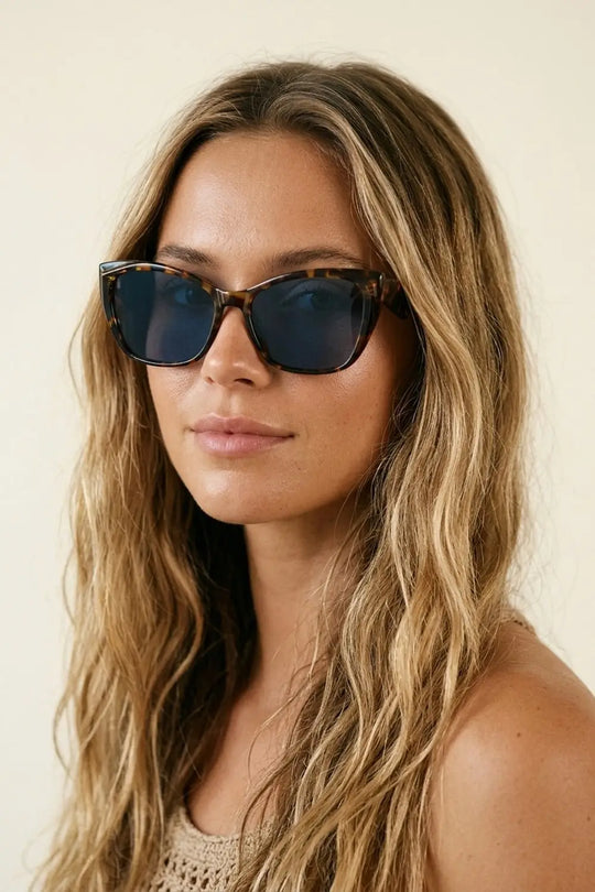 Multicolor Tortoiseshell Cat Eye Blue Lens Acetate Sunglasses - BROWN / ONE - Sunglasses