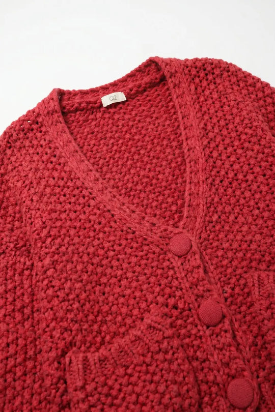 burgundy Chunky Knit Textured Button Front Cardigan - MAROON / ONE - Cardigans