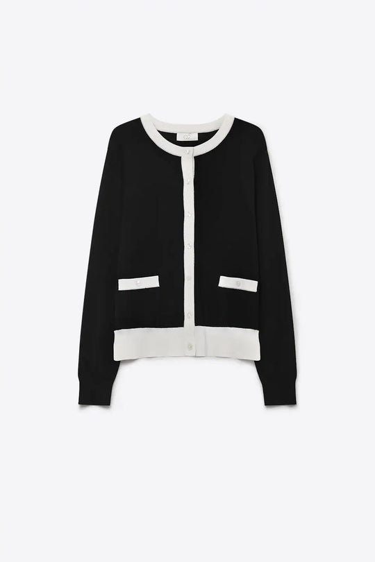 Fine Knit Contrast Trim Regular Fit Cardigan in black color - BLACK / ONE - Cardigans