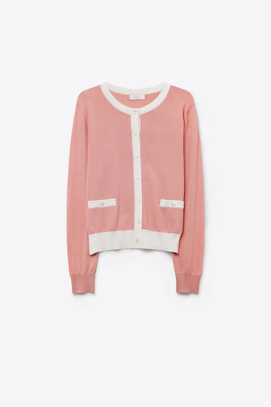 Fine Knit Contrast Trim Cardigan old pink color - PINK / ONE - Cardigans